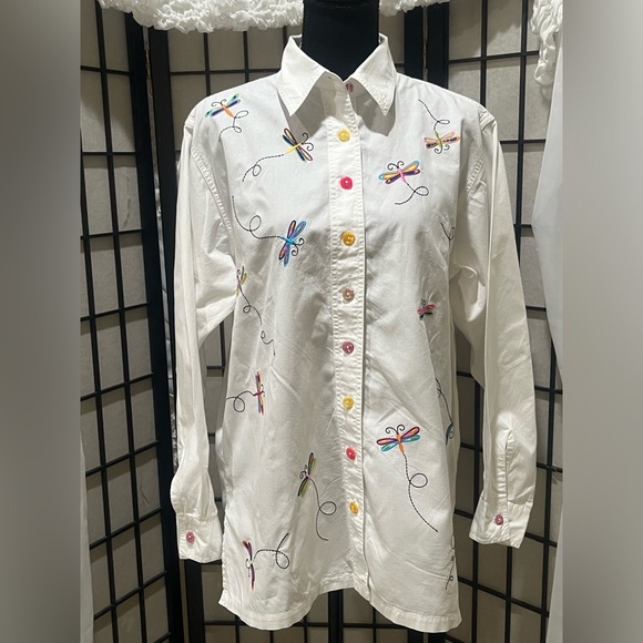 Silver Threads White Cotton Shirt, DRAGONFLIES EMBROIDERED, WHIMSICAL SIZE M - Picture 4 of 9